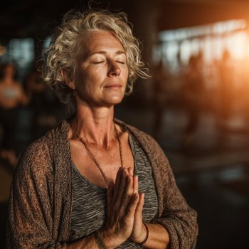 Група літніх людей практикує йогу на природі