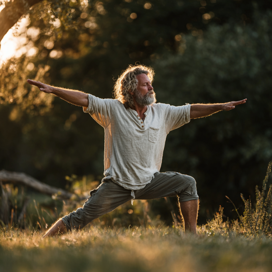 Спокійна жінка середнього віку медитує в позі лотоса